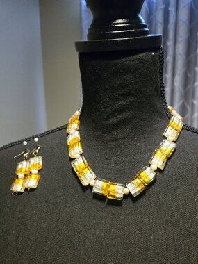 Artisan Handmade Murano Glass & Cultured Freshwater Pearl Necklace + Earring Set